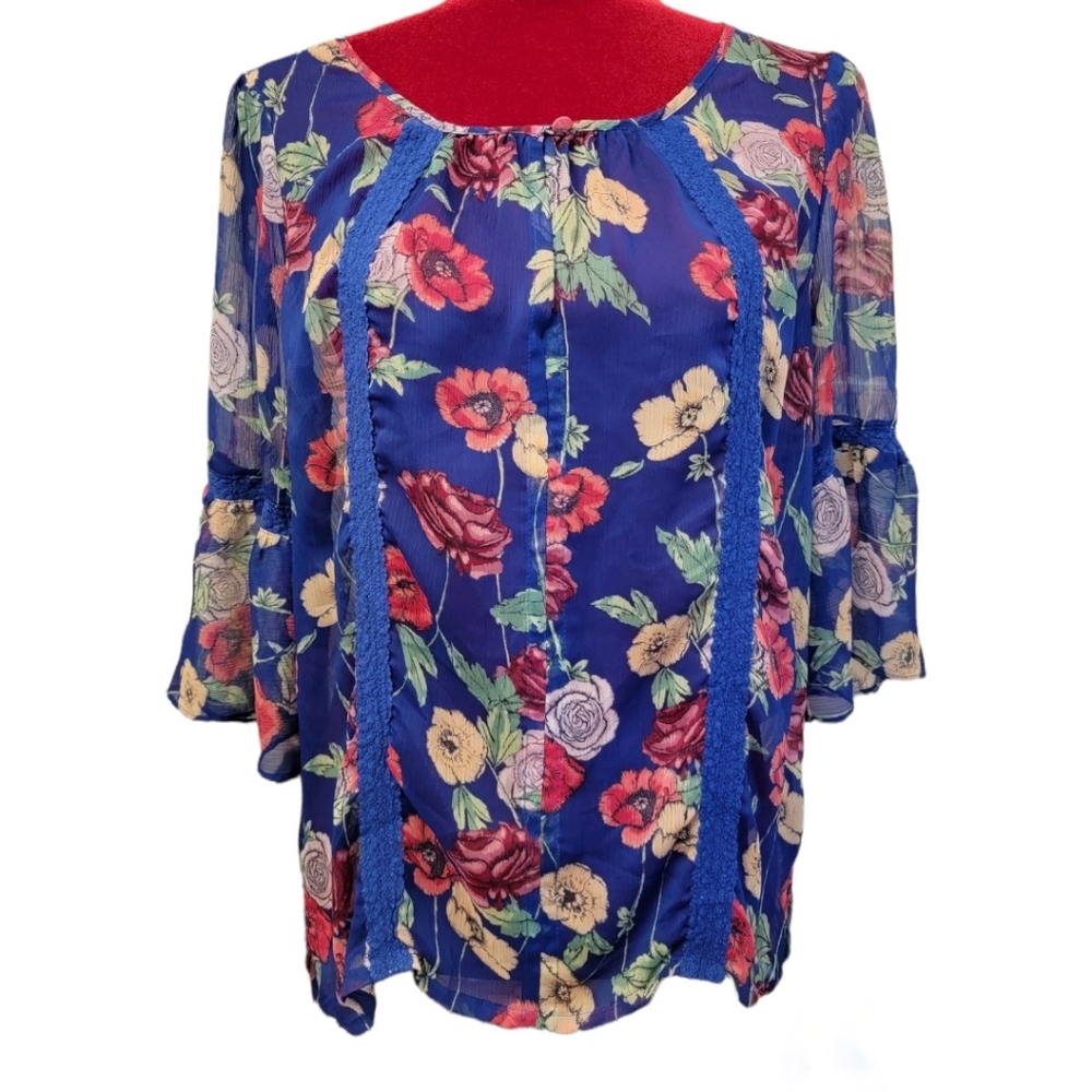 LC Lauren Conrad floral sheer top with bell sleeves